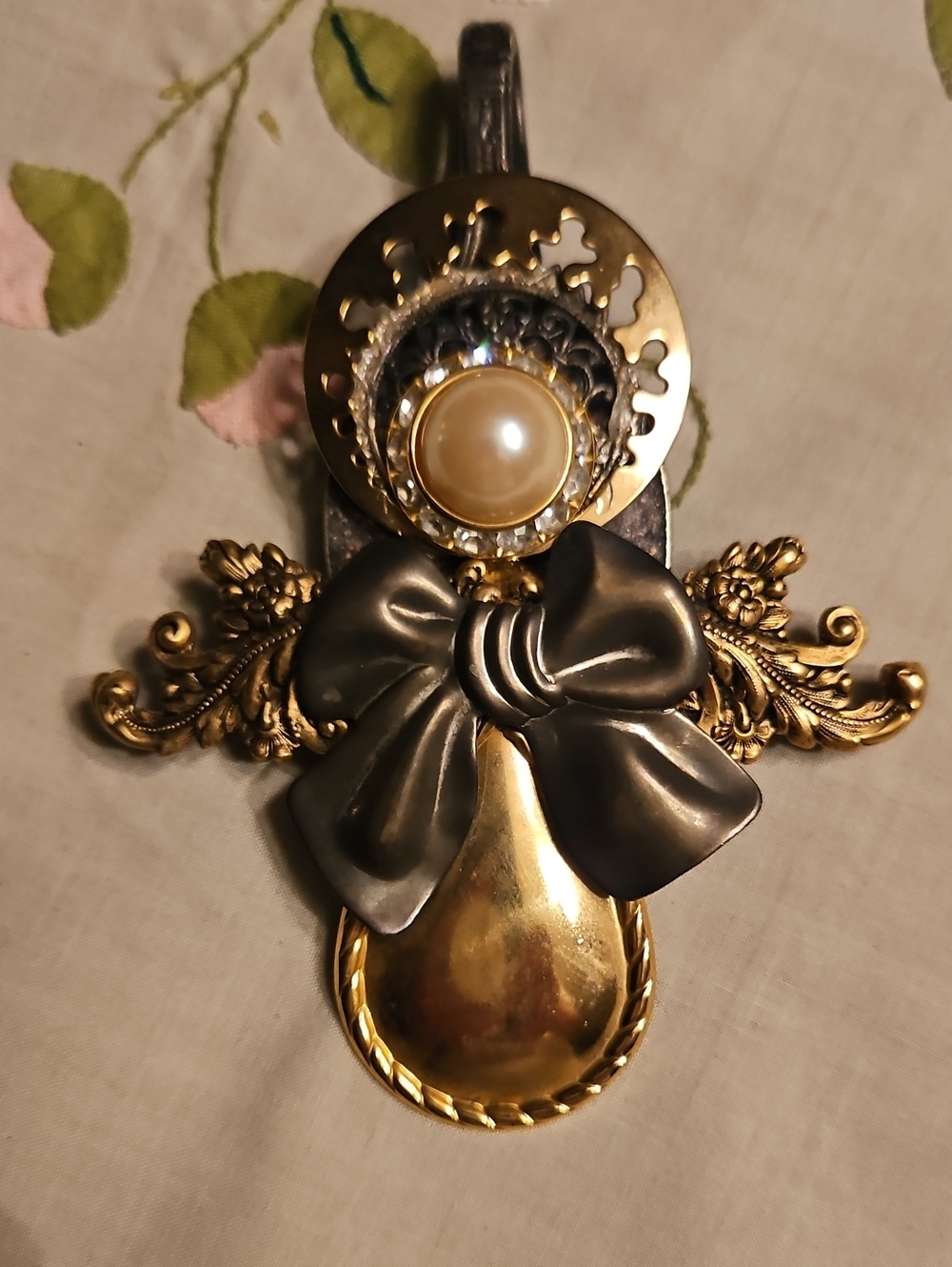 Handmade Baroque Pearl Bow Pendant - Gold and Antique Black
